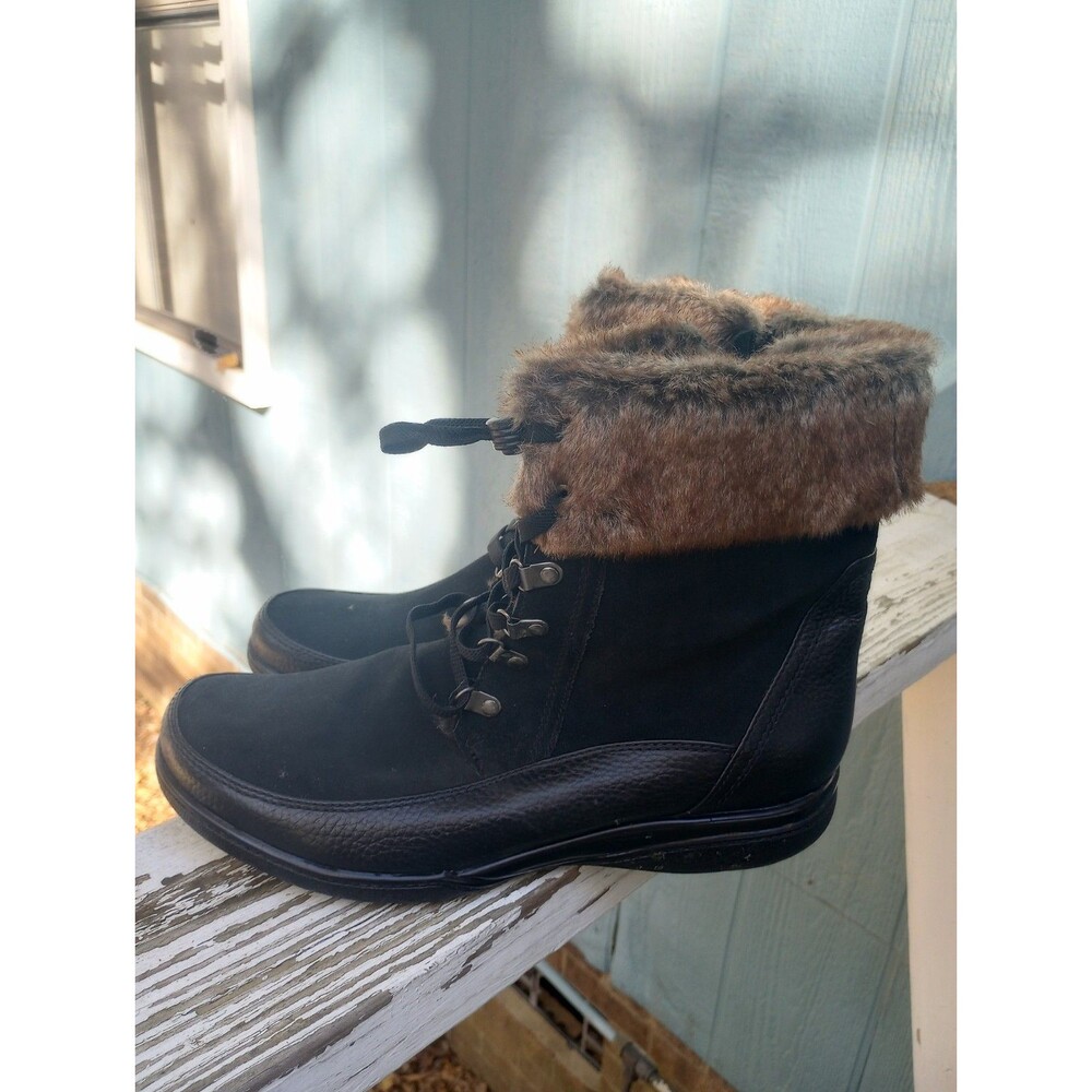 Clarks Black Leather & Faux Fur Trim Kearns Ramsey Ankle Boots Size 12M